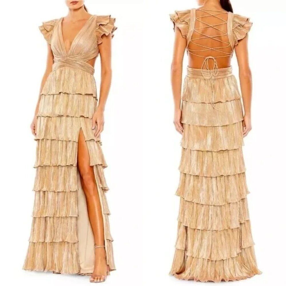 Mac Duggal Size 16 Gold Ruffle Tiered Corset Back‎ Lace Up Gown Long Maxi Dress - Picture 3 of 3